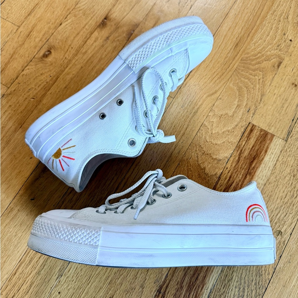 Converse White Low-Top Platform Canvas Sneakers with Sun and Rainbow Embroidery - Picture 4 of 8